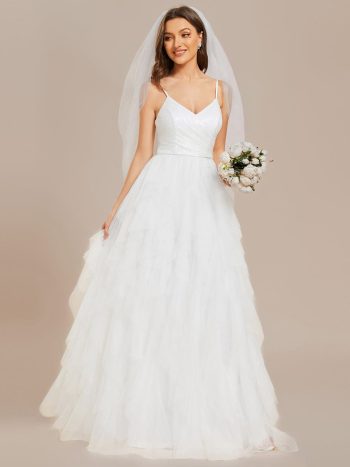 Sparkling V-Neck Spaghetti Straps Tiered Tulle Wedding Dress - White