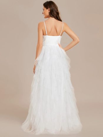 Sparkling V-Neck Spaghetti Straps Tiered Tulle Wedding Dress - White