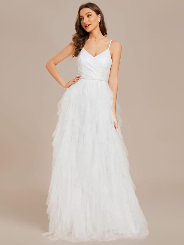 Sparkling V-Neck Spaghetti Straps Tiered Tulle Wedding Dress - White