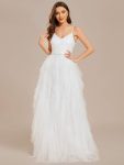 Sparkling V-Neck Spaghetti Straps Tiered Tulle Wedding Dress – White