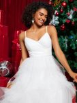 Sparkling V-Neck Spaghetti Straps Tiered Tulle Wedding Dress – White