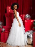 Sparkling V-Neck Spaghetti Straps Tiered Tulle Wedding Dress – White