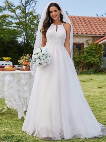 A-Line Halter Neck Applique Wedding Dress with Tulle - Ivory