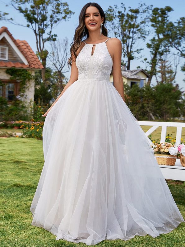 A-Line Halter Neck Applique Wedding Dress with Tulle - Ivory