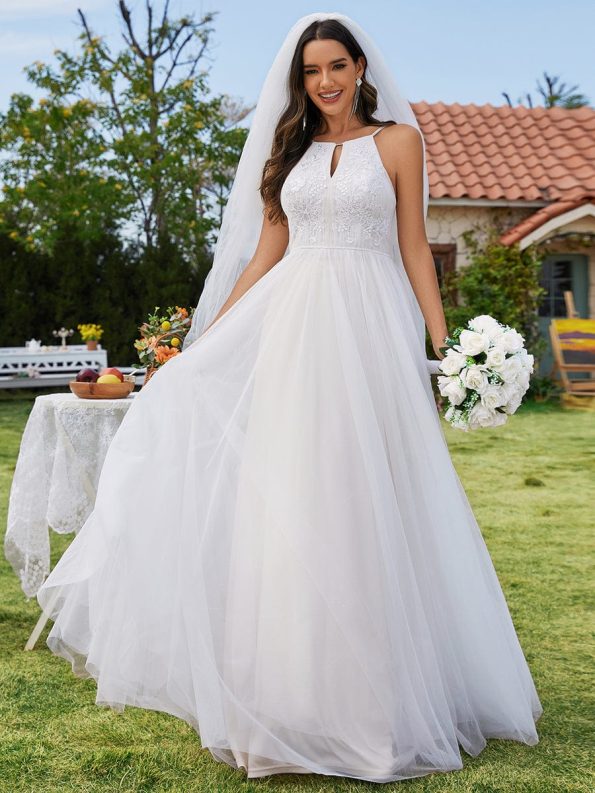 A-Line Halter Neck Applique Wedding Dress with Tulle - Ivory