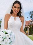 A-Line Halter Neck Applique Wedding Dress with Tulle – Ivory