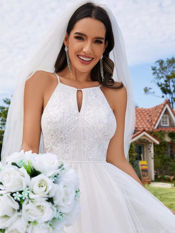 A-Line Halter Neck Applique Wedding Dress with Tulle - Ivory