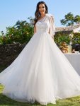 One-Shoulder Backless Tulle Wedding Dress with Front Floral Print – Ivory