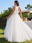 One-Shoulder Backless Tulle Wedding Dress with Front Floral Print – Ivory