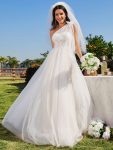 One-Shoulder Backless Tulle Wedding Dress with Front Floral Print – Ivory