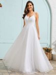 Sleeveless V-Neck Paillette Tulle Backless A-Line Wedding Dress – White