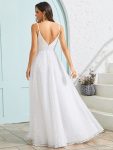 Sleeveless V-Neck Paillette Tulle Backless A-Line Wedding Dress – White