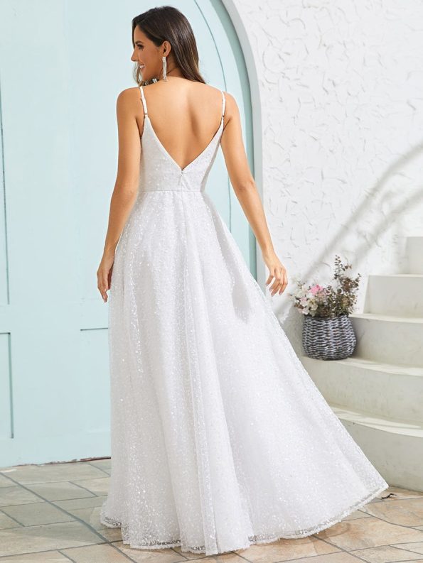 Sleeveless V-Neck Paillette Tulle Backless A-Line Wedding Dress - White