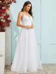 Sleeveless V-Neck Paillette Tulle Backless A-Line Wedding Dress – White