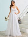 Sleeveless V-Neck Paillette Tulle Backless A-Line Wedding Dress - White