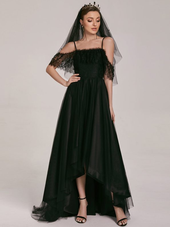 Cold Shoulder Lace High-Low Wedding Dress - Black