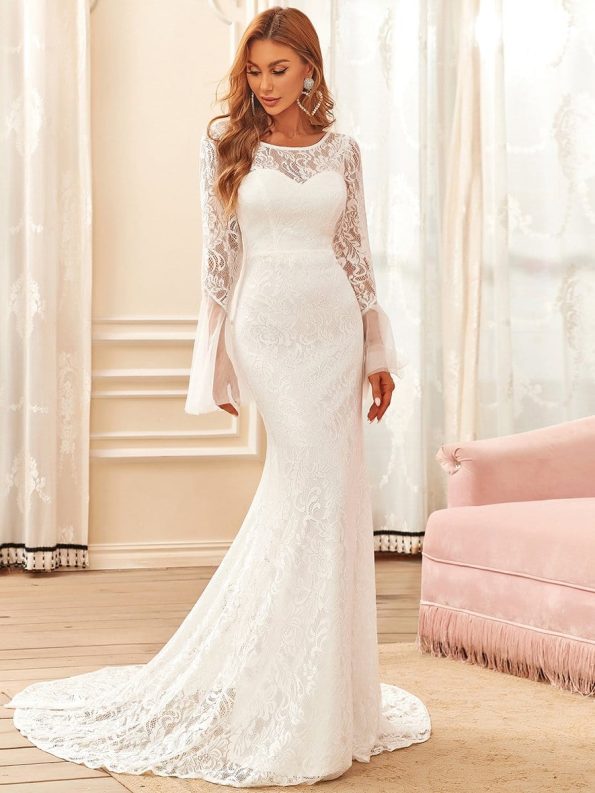 Sweetheart Long Bell Sleeve Mermaid Wedding Dress - Cream