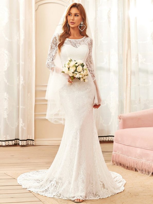 Sweetheart Long Bell Sleeve Mermaid Wedding Dress - Cream