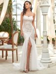 Custom Size Floral Spaghetti Strap Lace Backless Long Mermaid Wedding Dress – Cream