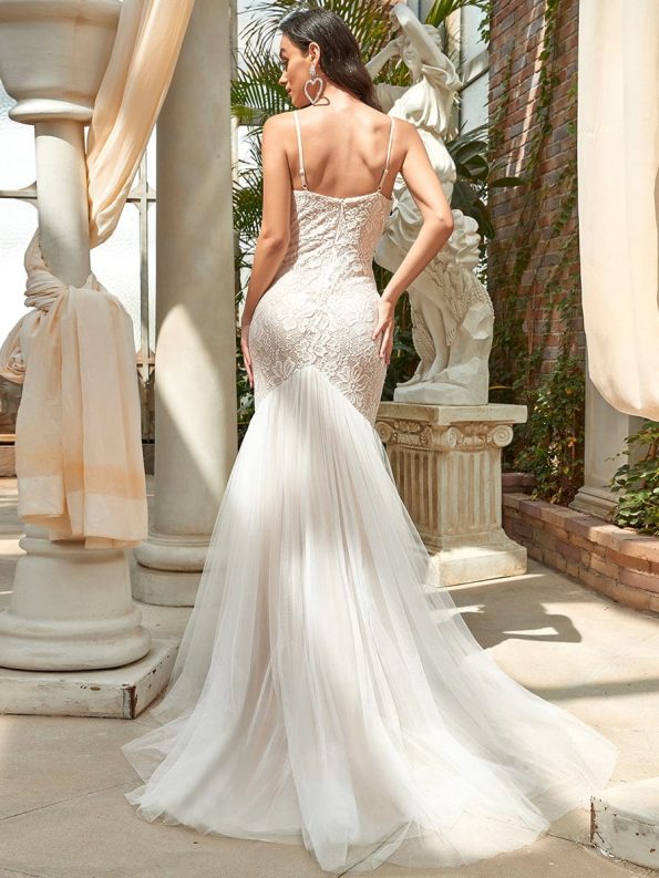 Spaghetti Strap Lace Backless Long Fishtail Wedding Dress - Cream