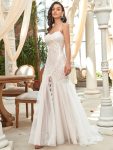 Custom Size Floral Spaghetti Strap Lace Backless Long Mermaid Wedding Dress – Cream