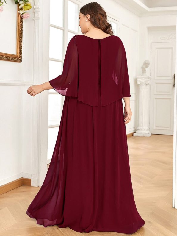 Crew neck A-Line Chiffon Cape Mother of the Bride Dress - Burgundy