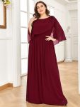 Crew neck A-Line Chiffon Cape Mother of the Bride Dress – Burgundy