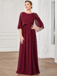 Crew neck A-Line Chiffon Cape Mother of the Bride Dress – Burgundy