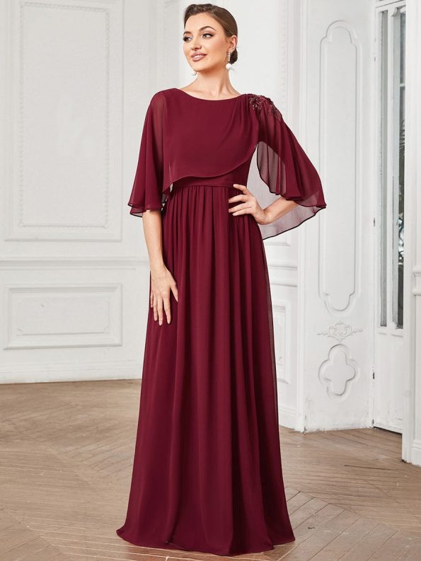 Crew neck A-Line Chiffon Cape Mother of the Bride Dress - Burgundy