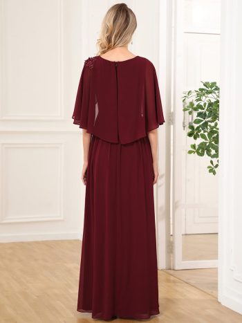 Crew neck A-Line Chiffon Cape Mother of the Bride Dress - Burgundy