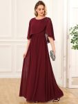 Crew neck A-Line Chiffon Cape Mother of the Bride Dress – Burgundy