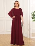 Crew neck A-Line Chiffon Cape Mother of the Bride Dress – Burgundy