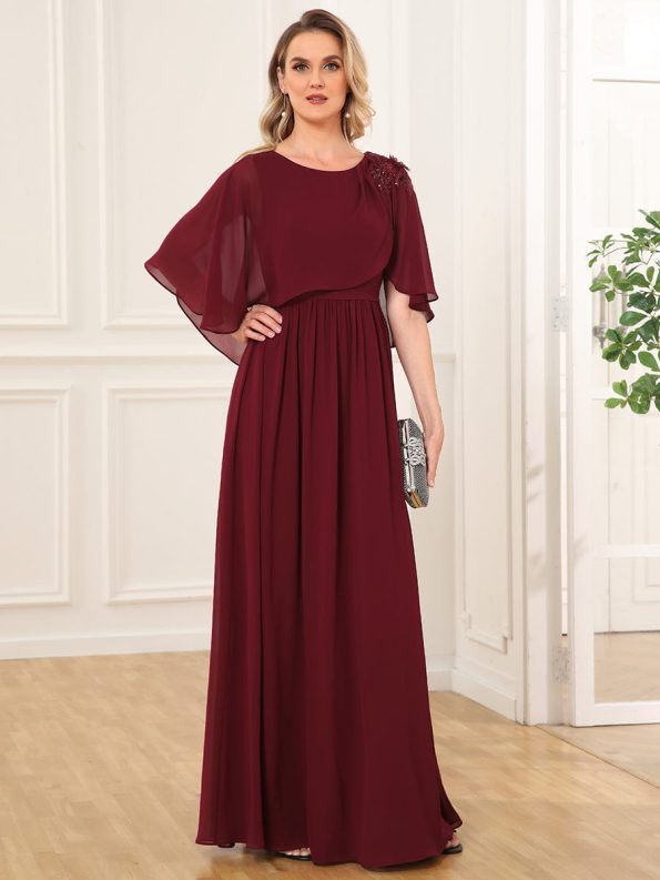 Crew neck A-Line Chiffon Cape Mother of the Bride Dress - Burgundy