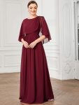 Crew neck A-Line Chiffon Cape Mother of the Bride Dress – Burgundy