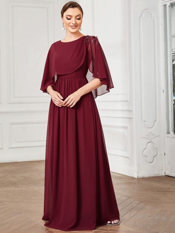 Crew neck A-Line Chiffon Cape Mother of the Bride Dress - Burgundy