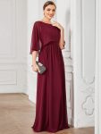 Crew neck A-Line Chiffon Cape Mother of the Bride Dress – Burgundy