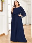 Crew neck A-Line Chiffon Cape Mother of the Bride Dress – Navy Blue