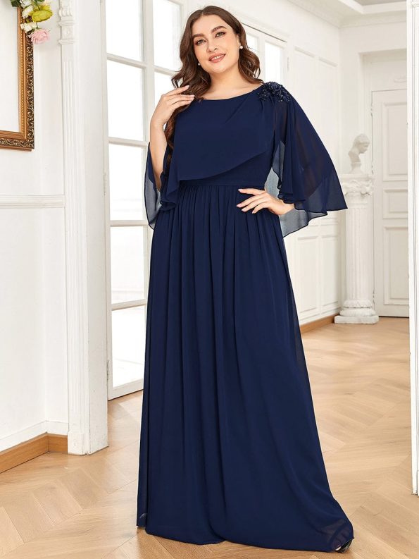 Crew neck A-Line Chiffon Cape Mother of the Bride Dress - Navy Blue