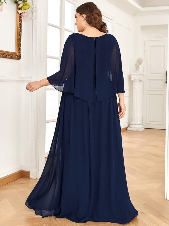 Crew neck A-Line Chiffon Cape Mother of the Bride Dress - Navy Blue