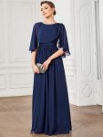 Crew neck A-Line Chiffon Cape Mother of the Bride Dress – Navy Blue