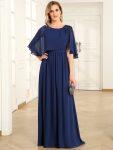 Crew neck A-Line Chiffon Cape Mother of the Bride Dress – Navy Blue