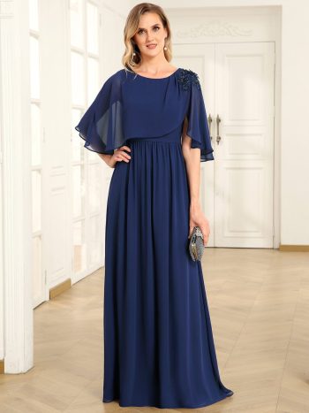 Crew neck A-Line Chiffon Cape Mother of the Bride Dress - Navy Blue