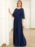 Crew neck A-Line Chiffon Cape Mother of the Bride Dress – Navy Blue