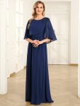 Crew neck A-Line Chiffon Cape Mother of the Bride Dress – Navy Blue