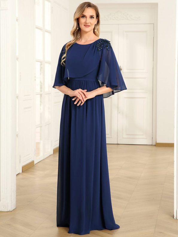 Crew neck A-Line Chiffon Cape Mother of the Bride Dress - Navy Blue