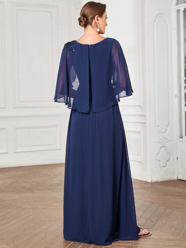 Crew neck A-Line Chiffon Cape Mother of the Bride Dress - Navy Blue