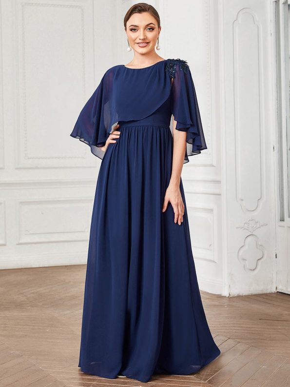 Crew neck A-Line Chiffon Cape Mother of the Bride Dress - Navy Blue