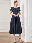 Sequin Short Sleeve Chiffon Midi Mother of the Bride Dress – Navy Blue