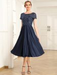 Sequin Short Sleeve Chiffon Midi Mother of the Bride Dress – Navy Blue