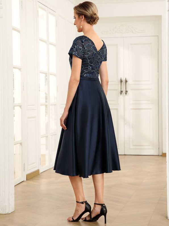 Sequin Short Sleeve Chiffon Midi Mother of the Bride Dress - Navy Blue